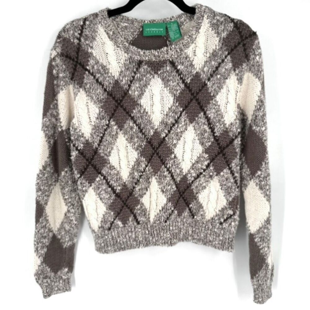Vintage Liz Claiborne Argyle Cable Knit Sweater Cream & Brown Size Small Lizgolf